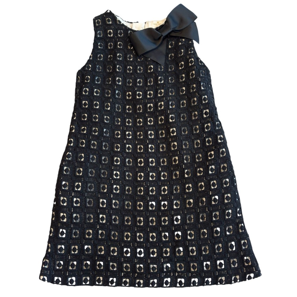 Kate Spade New York Shift Dress Kids 4 Black Eyelet Lace Bow Gold Zipper Formal